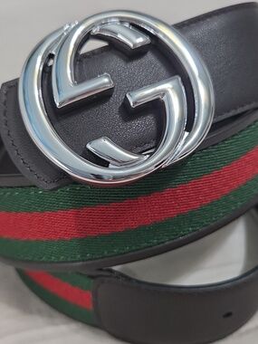 Gucci Green Red Reversible Belt with Silver Double G Buckle